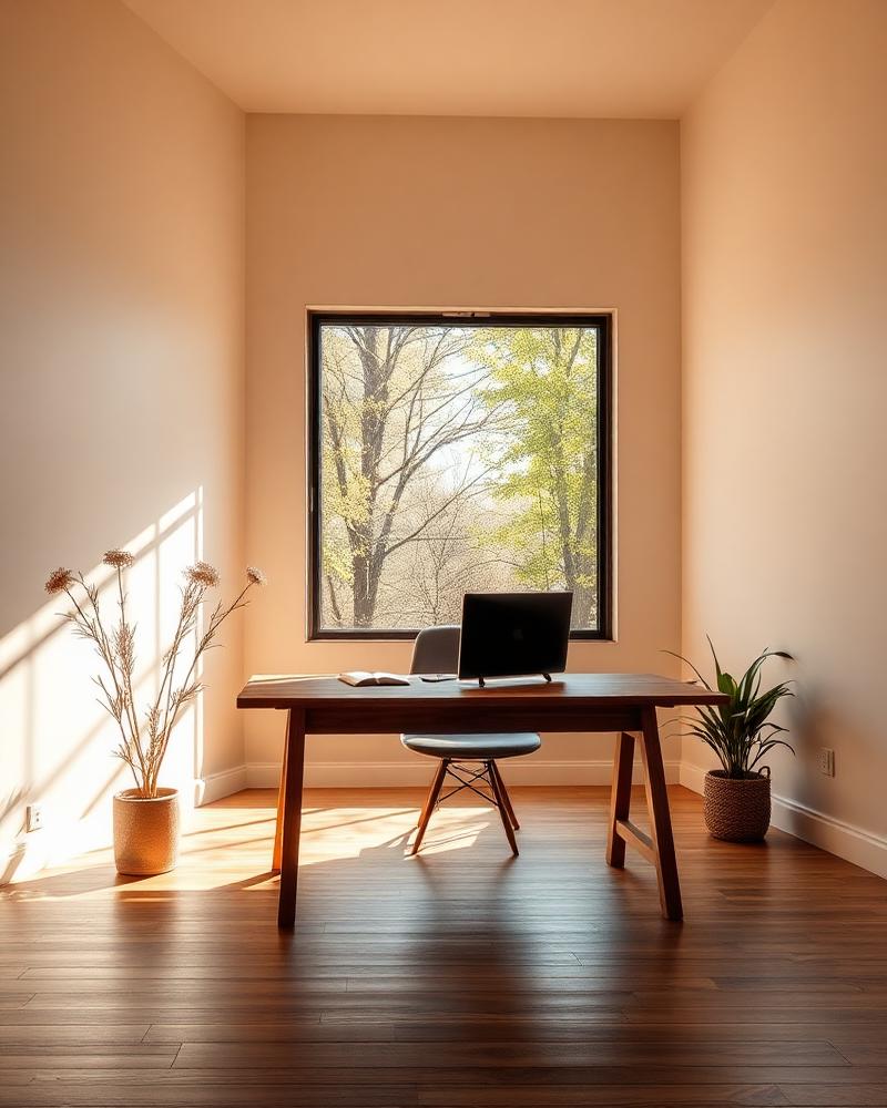 A sun-drenched minimalist office with an oak desk facing a window onto trees