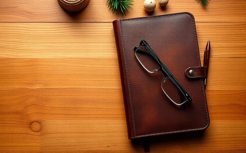 A leather bound notebook and spectacles on a wooden desk