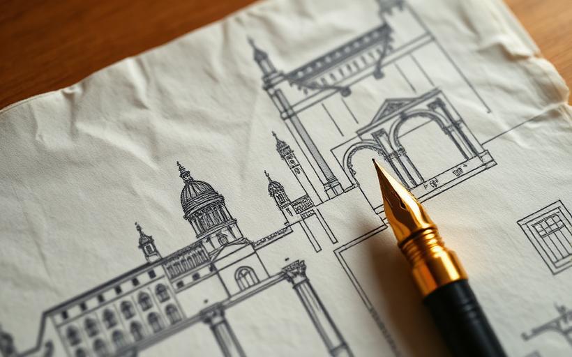 Architectural sketches on textured paper with a gold fountain pen
